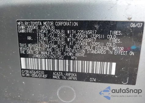 2007 Toyota Rav4 z USA, uszkodzony, nr VIN JTMBD33V776051542